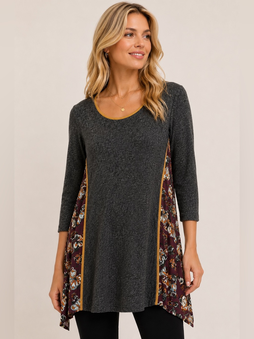 THML Charcoal Butterfly Print Knit Tunic Top Large Boho Asymmetrical